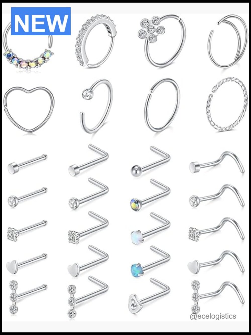 20g Nose Rings Hoops Studs Set - 28 Pcs Hypoallergenic Stainless Steel L Shape